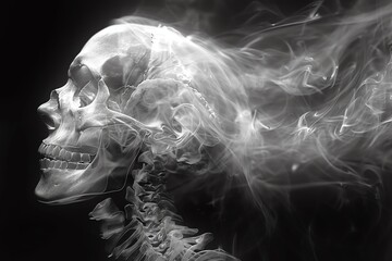 Ethereal black and white digital art of a skull dissolving into smoke, creating a haunting and surreal atmosphere.