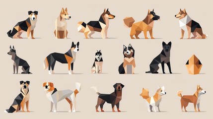 A collection of fifteen dogs, illustrated in various geometric styles and poses, set against a beige background, capturing the essence of different breeds through artistic abstraction.