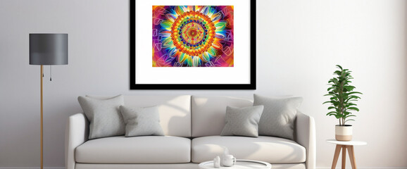 Step into a room featuring a vibrant illustration within a blank white frame, accented by a fusion of vivid color splashes.