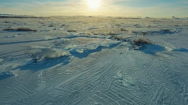 As the camera soars over the frozen tundra the bright light of the neversetting sun creates a surreal atmosphere like soing out of a dream.