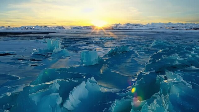 Aerial shots capture the otherworldly quality of the midnight sun in the Antarctic with the suns rays bouncing off the icy landscape in a dazzling display.