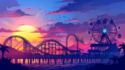 Obraz premium Amazing view of an amusement park pier at sunset with vibrant sky colors, roller coasters, and a ferris wheel, capturing a lively and cheerful atmosphere.