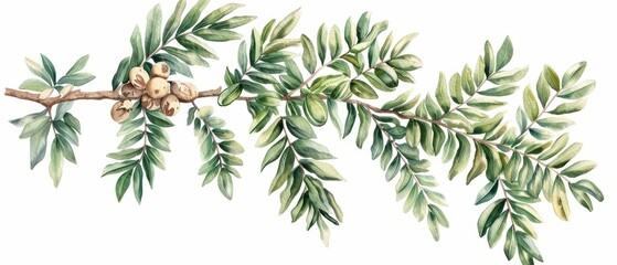 Fototapeta premium A tamarind tree illustrated with delicate watercolor pods isolate on white background