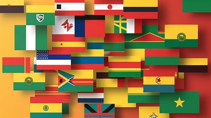 Obraz premium An artistic arrangement displaying various national flags on a vibrant yellow and red backdrop, symbolizing unity and diversity across different cultures.