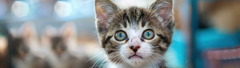 Fun and interactive cat adoption day, realistic, bright colors, photography, background of a lively fair, engaging and educational