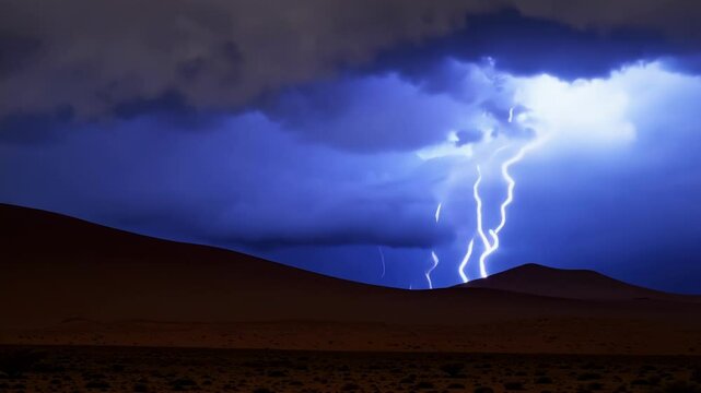 The deafening sound of a storms thunder echoing through the desert as the sky is lit up with flashes of lightning.