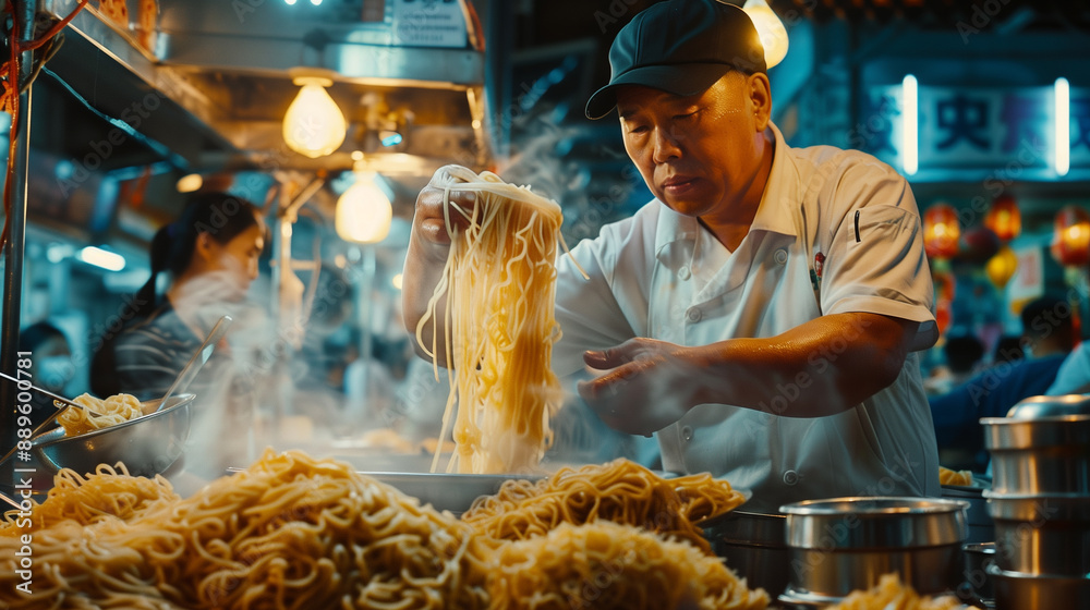 Wall mural street food chef preparing noodles at night market. generative ai.