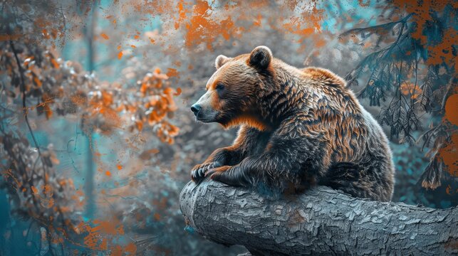 A brown bear is seen calmly relaxing on a tree branch within a vibrant autumn forest, capturing a serene moment in the natural wilderness.