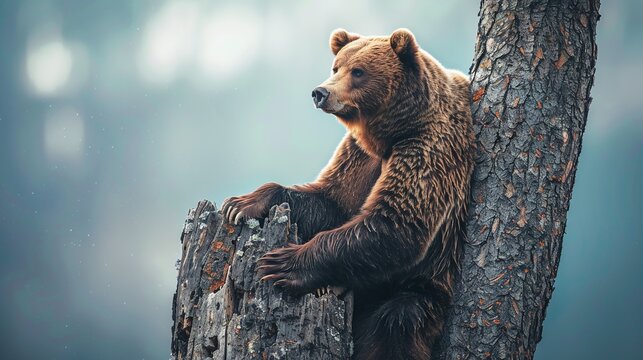 A large brown bear comfortably leaning against a tree in a misty forest, appearing calm and relaxed amidst the natural surroundings, showcasing the beauty of wildlife in its habitat.