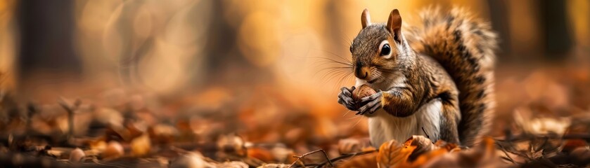 Fototapeta premium A squirrel holding an acorn amidst autumn leaves, captured in a beautiful, warm, and natural environment.
