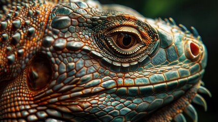 Fototapeta premium Close-up of a colorful iguana with detailed scales and striking eyes, showcasing its vibrant and intricate patterns in a natural setting.