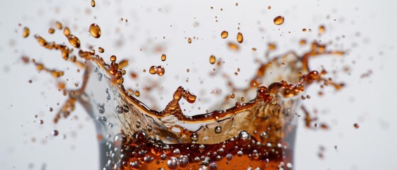 Obraz premium Cola erupts in a fizzy burst, with bubbles and caramelcolored liquid separating in a dynamic highspeed capture