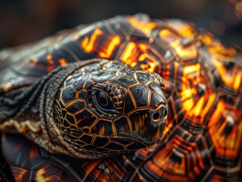 Close-up of a vibrant, patterned turtle shell and head with intricate, colorful details, highlighting the beauty of wildlife photography.