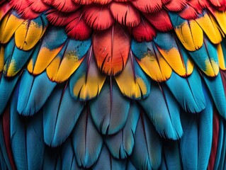 Fototapeta premium Close-up of vibrant, colorful feathers showcasing shades of red, yellow, and blue, depicting the intricate texture and beauty of avian plumage.