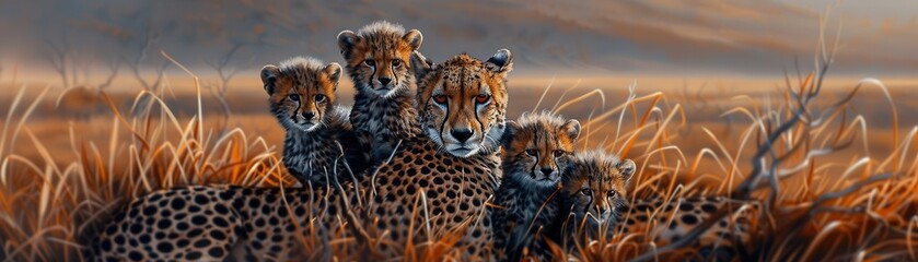 Obraz premium Four cheetahs rest together in tall grass as the sun sets, creating a stunning wildlife scene in the African savannah.