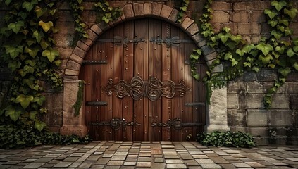 Medieval Wooden Door with Ivy