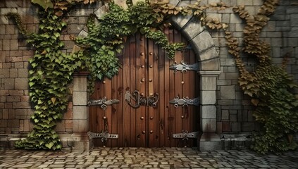 Medieval Wooden Door with Ivy