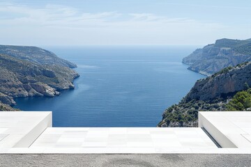 Scenic coastal view with a white minimalist terrace overlooking the ocean