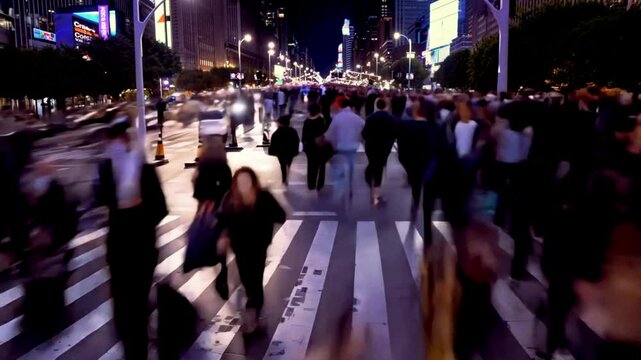 Time-lapse unrecognizable people crowd crossing city street by night, busy crossroad, pedestrians crossing crosswalk intersection, car traffic. Timelapse rush hour crowded people walk,evening light 4k