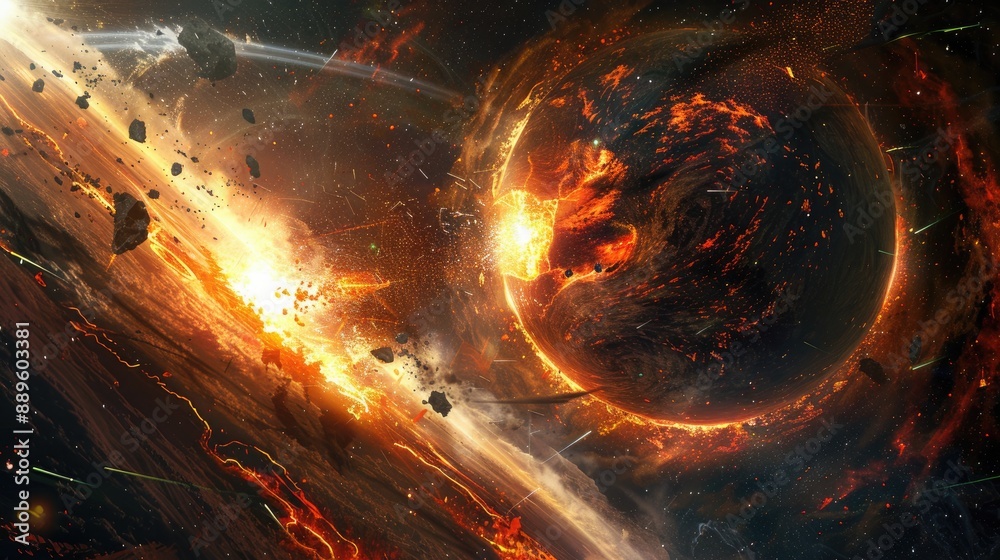 Wall mural a cosmic anomaly creating a rift in space, from which emerge hostile entities attacking a scientific