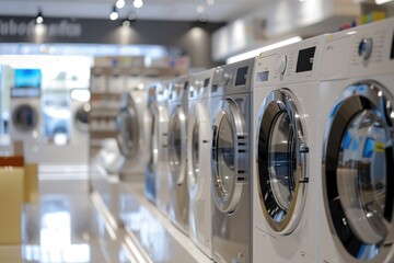 Row of modern washing machines on display in a brightly lit appliance store showroom. Home appliances, retail shopping, interior decor, household equipment, laundry solutions concept.