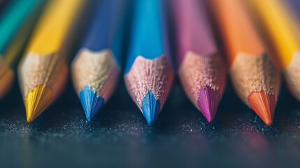 Colorful close-up of sharpened colored pencils in rainbow arrangement, highlighting creativity and readiness for back-to-school preparations; educational atmosphere.