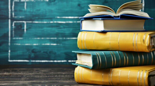 Colorful stack of books on rustic wooden table, open book on top, chalkboard in background, educational atmosphere, back to school preparations. Copy space - Powered by Adobe