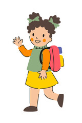 Happy girl with backpack waving and walking. Cute child illustration perfect for back-to-school themes and educational content.