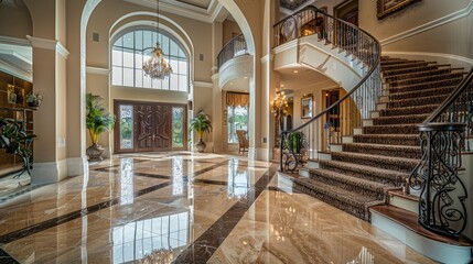 Fototapeta premium A grand foyer with a sweeping staircase, marble floors, and an ornate chandelier, creating a stunning first impression for visitors.