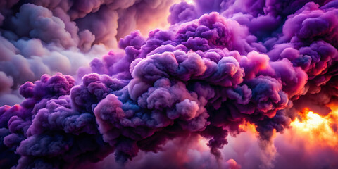 Dramatic intense purple smoke cloud billows through air, appearing to emanate from fiery source, casting ominous atmosphere with dark shades and misty texture.
