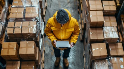 Diligent worker scans parcels in bustling warehouse, wearing yellow jacket and beanie, managing shipping labels. Efficient logistics and inventory control. Overhead view of distribution center aisle.
