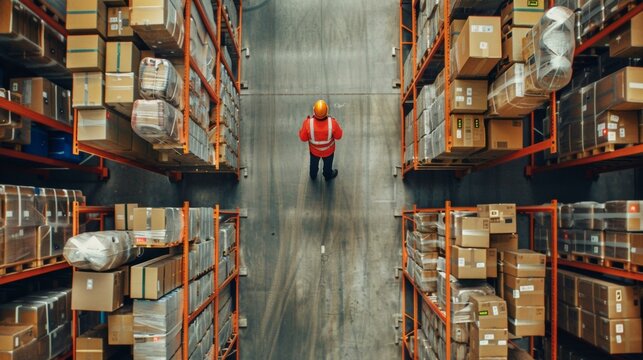 Industrious warehouse worker in vivid safety vest and hard hat examining parcels amidst towering shelves, ensuring efficient inventory management and distribution.