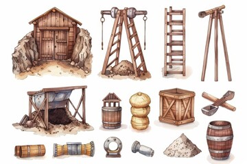 Mining illustrated with detailed watercolor machinery and underground tunnels isolate on white background