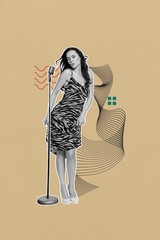 Creative abstract template graphics collage image of dreamy carefree lady singing microphone isolated beige color background