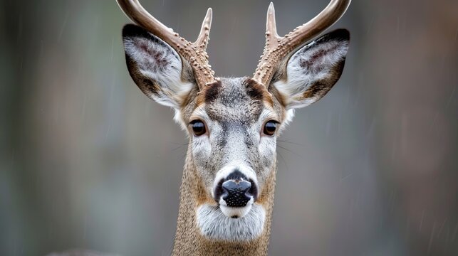 A majestic close-up of a deer with beautiful antlers, symbolizing nature, grace, and curiosity, captured in detailed focus during a gentle rain shower.