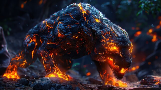 A ferocious cerberus with lava like fur and glowing yellow eyes, guarding the gates