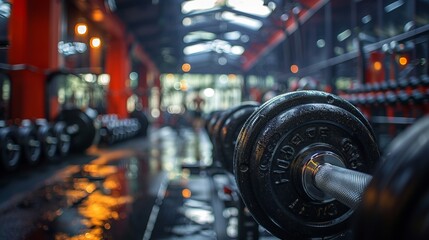 Obraz premium A detailed view of a row of heavy dumbbells in a vibrant gym setting, bathed in reflective lighting, showcasing the dedication to strength building and physical fitness.