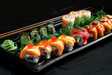 Japanese sushi platter with various varieties of rolls and sushi on a black plate. Generative AI.