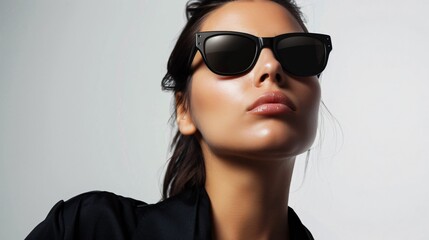 Naklejka premium A minimalist portrait of a woman wearing sleek black sunglasses against a plain white background