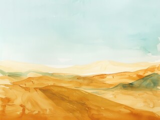 Naklejka premium A peaceful watercolor desert with rolling dunes and a vast empty sky for text