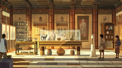 Educational guide on ancient cat care techniques, realistic, sharp focus, vector art, background of a museum exhibit, detailed and engaging