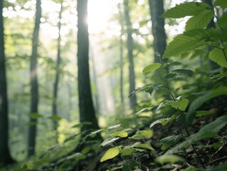 Sunlight filtering through lush green forest, illuminating leaves and creating a serene, peaceful atmosphere of nature.