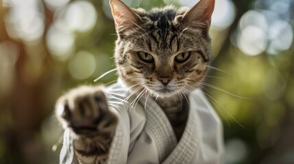 A close-up of a cat in a karate outfit displaying its skills and fierce determination, capturing the intensity and unique charm of an animal practicing martial arts.