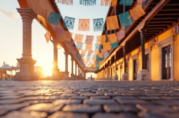 Obraz premium Sunset view of traditional cobblestone street adorned with colorful flags, creating a festive atmosphere in a picturesque town.