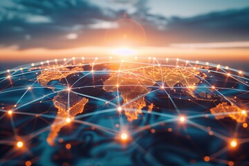 Global supply management with illuminated connections over world map background at sunrise. Logistics connectivity, global communication, technology, worldwide network, cybersecurity.