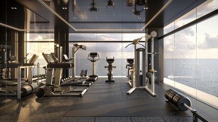 A luxury home gym with state-of-the-art exercise equipment, mirrored walls, and a rubberized floor, adjacent to a floor-to-ceiling window.