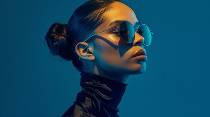 A woman wearing round sunglasses, her hair in a sleek bun, against a solid navy blue background