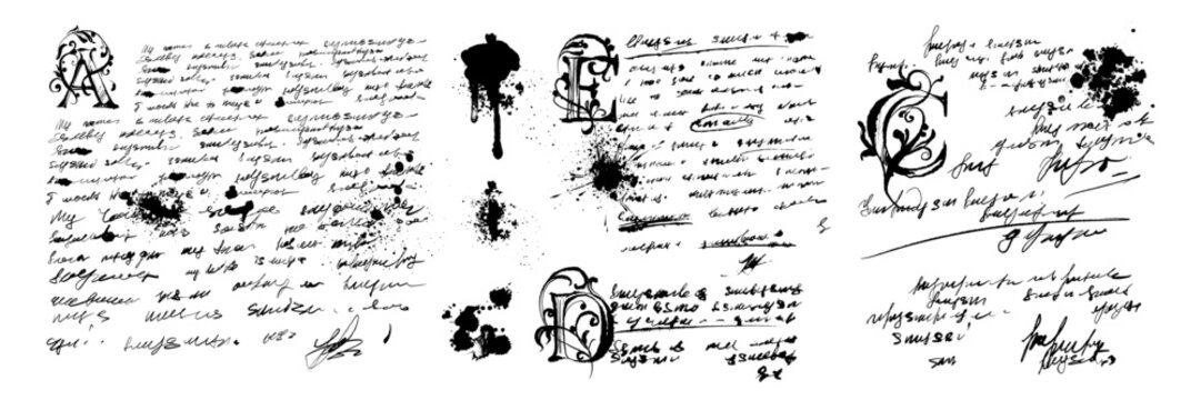 Handwriting text sketch notes, vector old vintage written background, ink dirty splash diary blots. Pen scribble abstract texture calligraphy document, retro grunge paper. Handwriting text sign