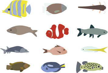Collection of vector hand drawn clipart fishes in flat style. Vector illustration for icon, logo, print, icon, card, emblem, label.