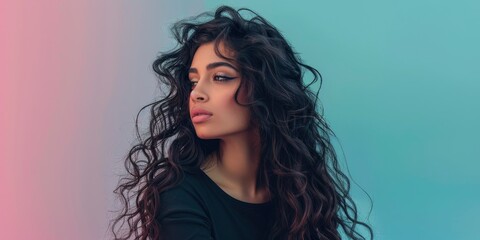 Naklejka premium 25 year old arab woman with gorgeous twisted curls, long hair coming down from shoulders, posing on pastel mono color solid background